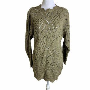 RUNWAY Beige Cotton Open Stitch Knit Scallop Hem Long Raglan Sleeve Sweater M